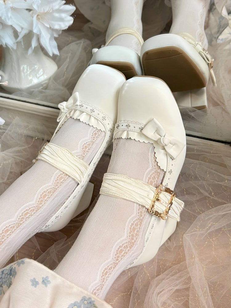 PU White Elegant Lolita Mary Janes - Low/Mid Heel with Pleated Straps & Floral Cutouts