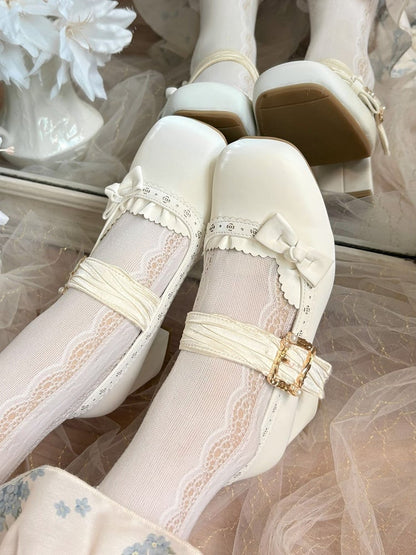 PU White Elegant Lolita Mary Janes - Low/Mid Heel with Pleated Straps & Floral Cutouts