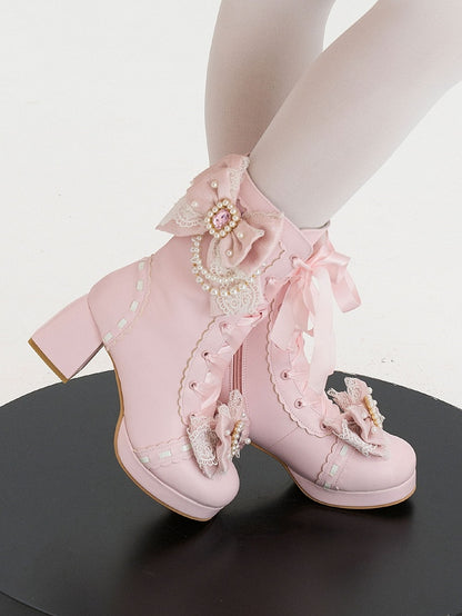 PU Pink Sweet Lolita Mid-Calf Boots - Crystal & Bead Decor Bow with Lace-Up & Inner Zip