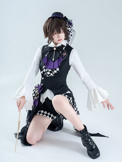 Ouji Lolita Dark Blue/Brown/Purple Checked Pattern Mini Hat with Beaded Chains