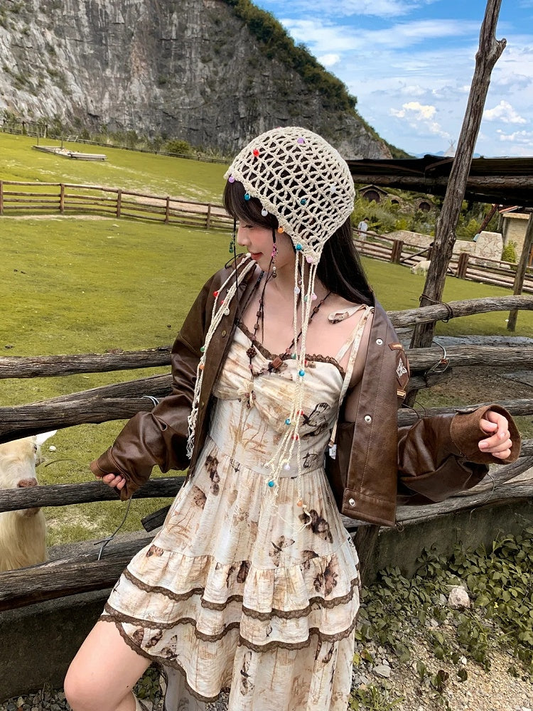 Brown Badge Appliques Vintage PU Jacket for Autumn