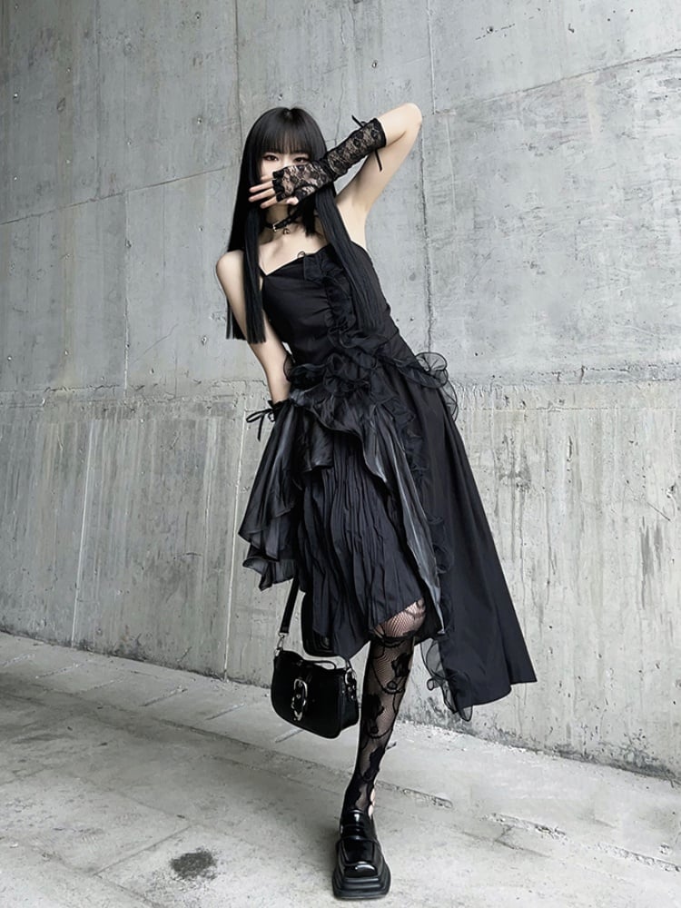 Black Asymmetrical Hem Flounce Trim Glamorous Cami Dress