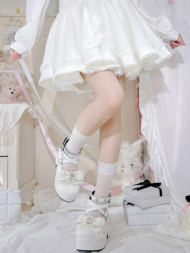 Jirai Kei Matte White Beaded And Rhinestone Decorated Bow at Top Platform High Block Heels