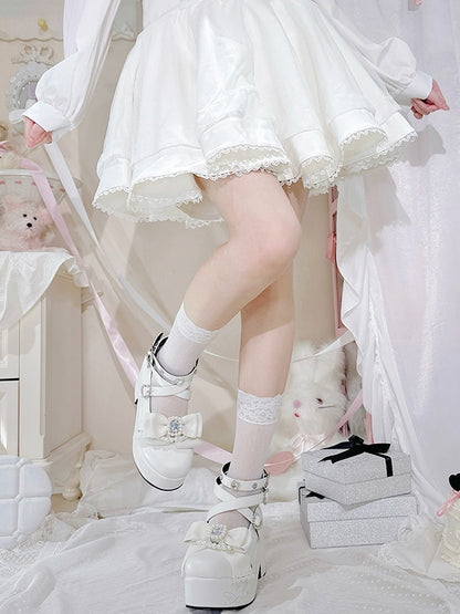 Jirai Kei Matte White Beaded And Rhinestone Decorated Bow at Top Platform High Block Heels