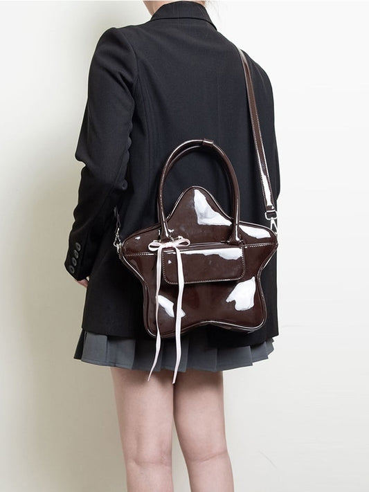 Kawaii 3-Way Glossy Black Star-Shaped Handbag With Ribbon Bow