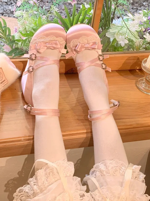 Sweet Lolita Satin Pink Wedge Heels - Bow Accents with Lace Trim & Crisscross Straps