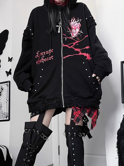 Black Guro Kawaii Heart And Letter Print Studs Decorated Cat Ear Zip-up Hoodie