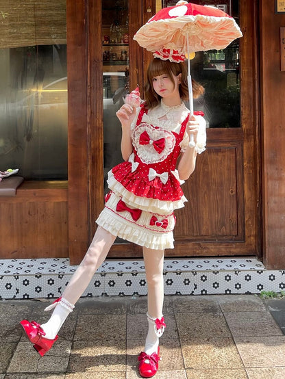 Red Polka Dots Sweet Bow Accents Lolita Full Set - Cami Top + Skirt + Puff Sleeves Cropped Top