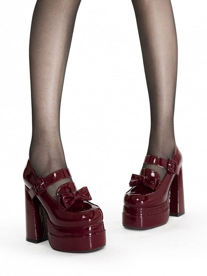 Bow at Top Wine Red Platform Mary Janes High Block Heel