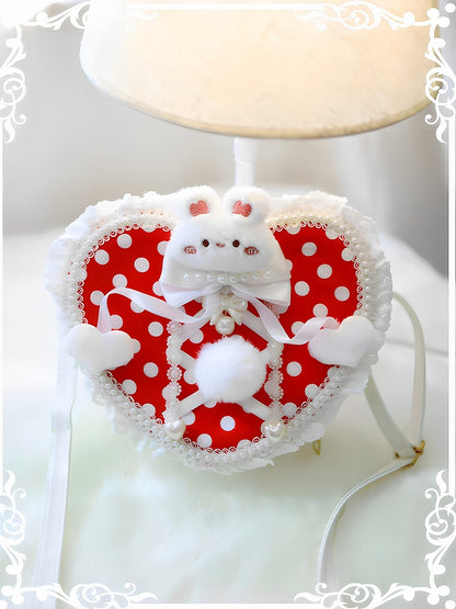 Red Polka-dot Pattern Beaded Decorated Plush Bunny Design Heart-shaped Crossbody Bag With Pompon