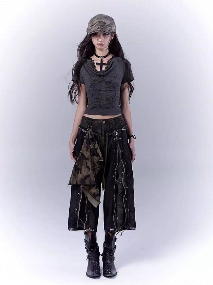 Camouflage Lace-up Front Punk Rock Distressed Straight-leg Jeans