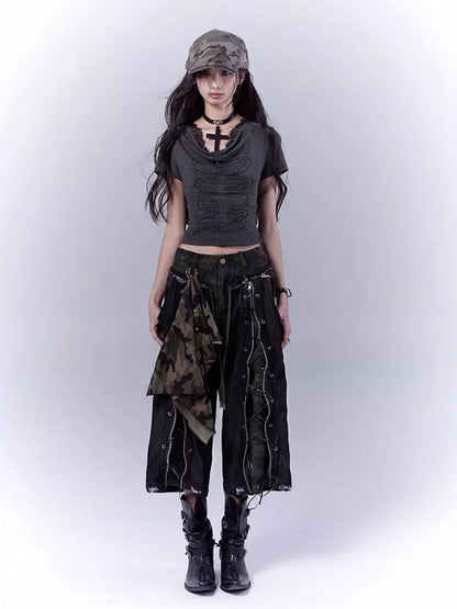 Camouflage Lace-up Front Punk Rock Distressed Straight-leg Jeans