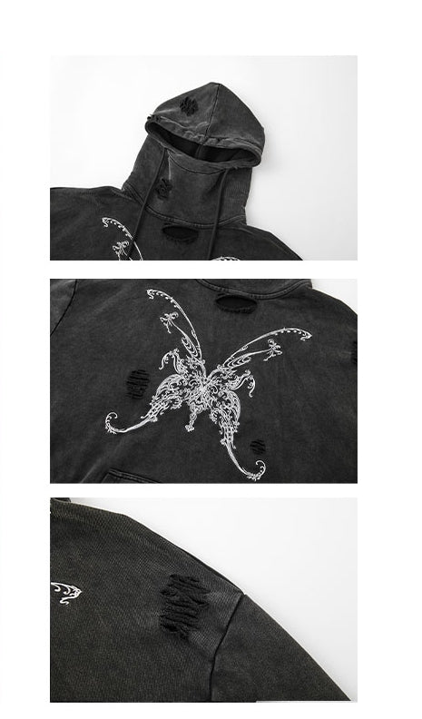 Butterfly Embroidery Black Distressed Holes Punk Hoodie