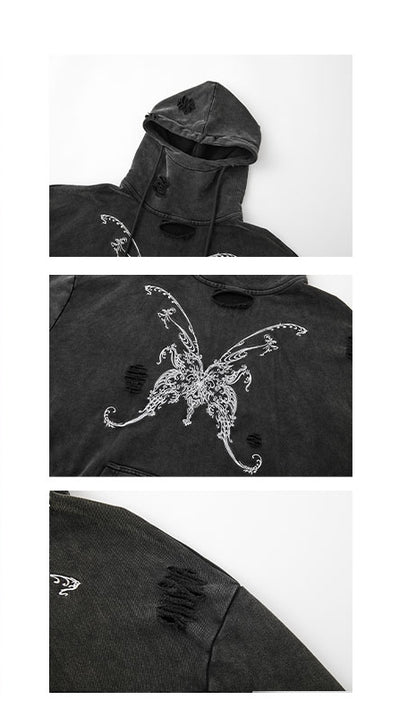 Butterfly Embroidery Black Distressed Holes Punk Hoodie