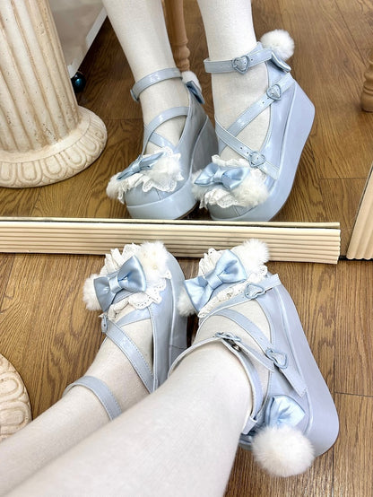 Blue Crisscross Design Plush Bunny Ear Decorated Bow at Top Platforms With Pompon