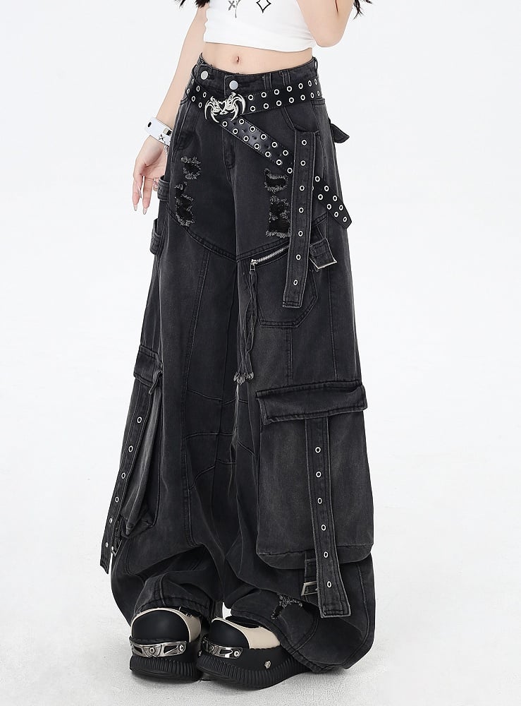 Black Low Rise Distressed Holes Wide-leg Cargo Jeans
