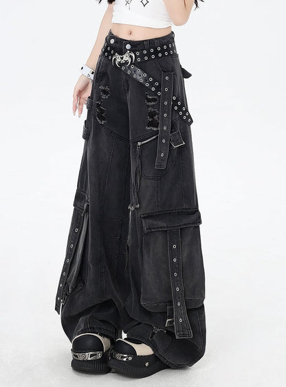 Black Low Rise Distressed Holes Wide-leg Cargo Jeans