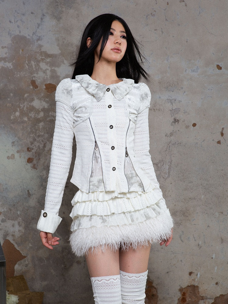 White Punk Tiered A-Line Skirt with Elastic Waist & Faux Fur Trim