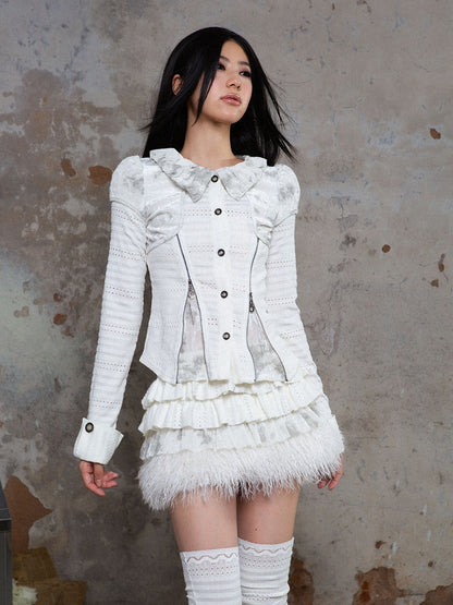 White Punk Tiered A-Line Skirt with Elastic Waist & Faux Fur Trim