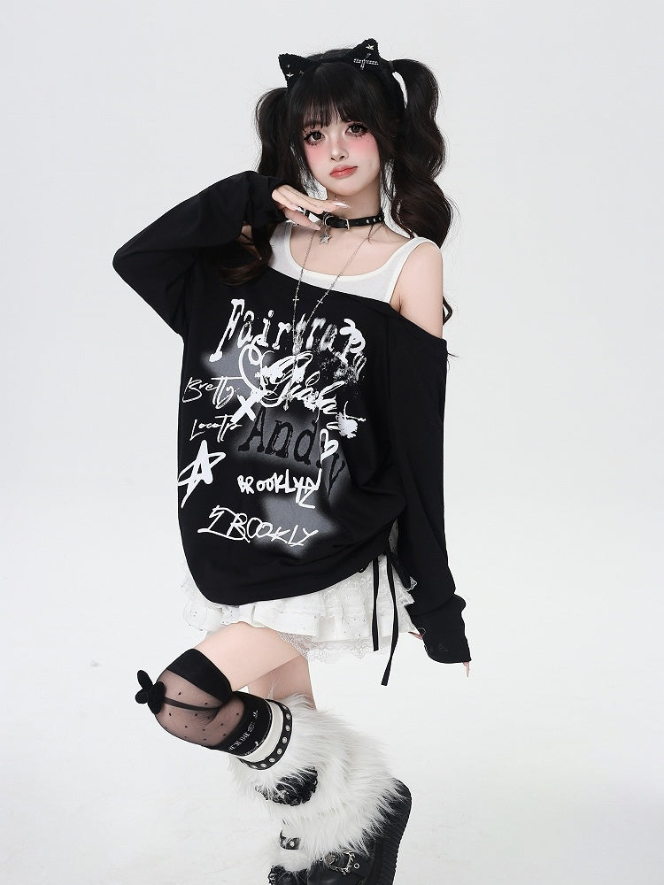 Y2K Star Print Open Shoulder Black/White Top Faux Two-pieces