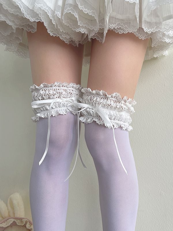Blue/White Bowknot Details Lace Trim Overknee Stockings