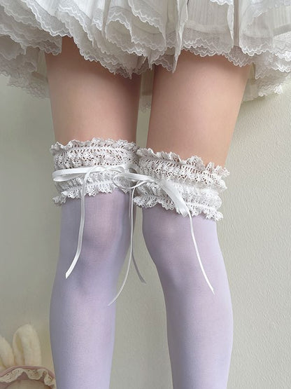 Blue/White Bowknot Details Lace Trim Overknee Stockings