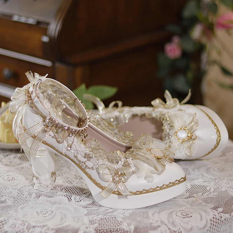 White & Gold Floral Design Crystal Embellished Hime Lolita High Block Heels