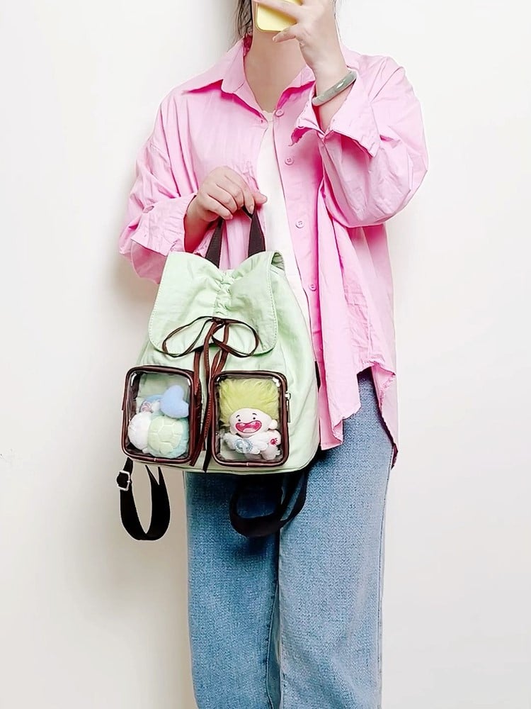 Charming Green Mini Ita Backpack With Kawaii Bow Drawstring