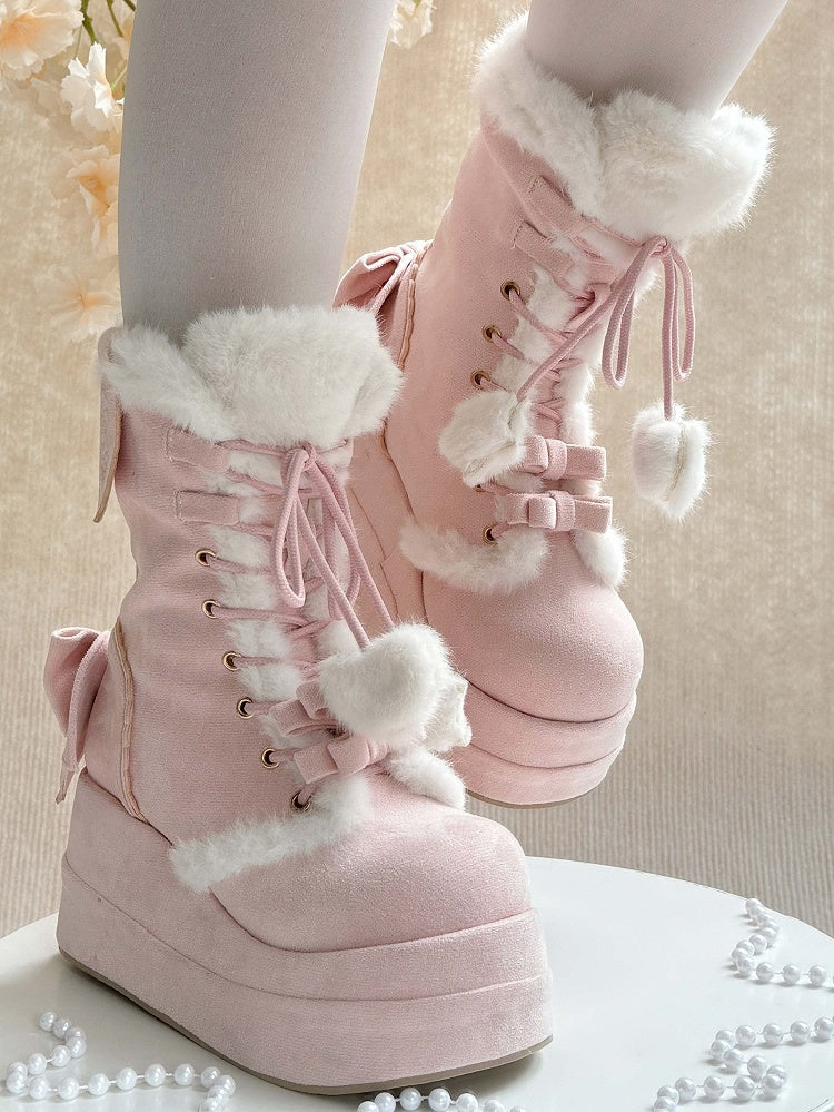 Pink Sweet Lolita Platform Boots - Plush Star & Heart Charm Laces with Bow Accents