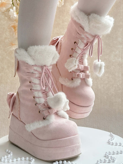 Pink Sweet Lolita Platform Boots - Plush Star & Heart Charm Laces with Bow Accents
