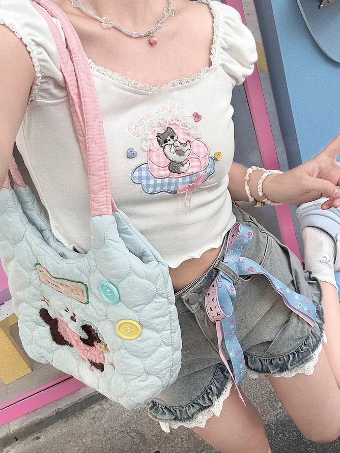 Adorable Cat Embroidery White Square Neckline and Short Puff Sleeves T-shirt