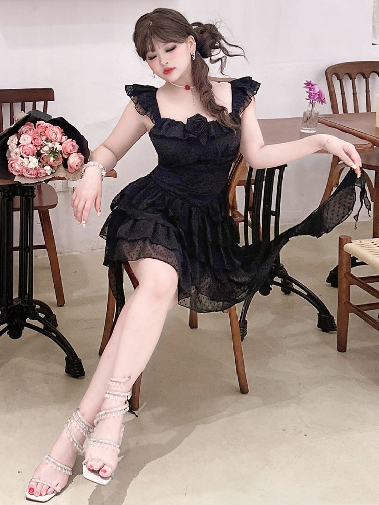 Plus Size Black Polka-dot Pattern Ruched Dress Summer Princess Dress