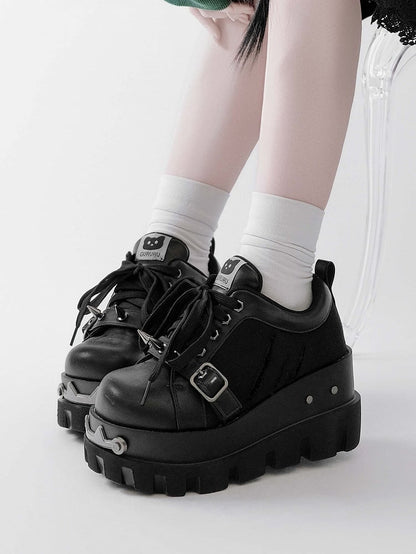 Black Punk Studs Details Buckle Strap Front Lace-up Ties Platforms