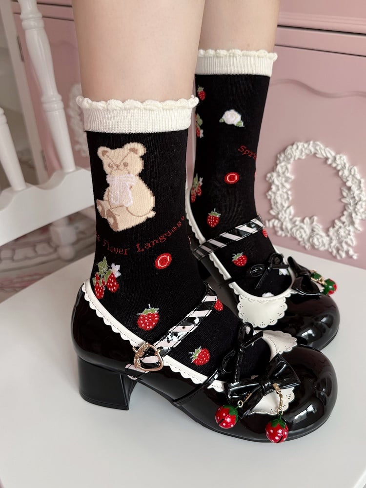 Red/Purple/Black Bear Bunny Strawberry Print Lolita Calf Socks
