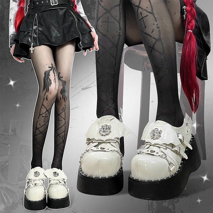 Devil Wings Punk White Platforms Silver-tone Studs Goth Shoes