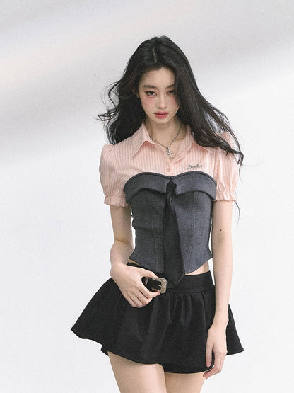 Gray & Pink / Navy Blue Striped T-shirt Faux Two-pieces with Free Tie