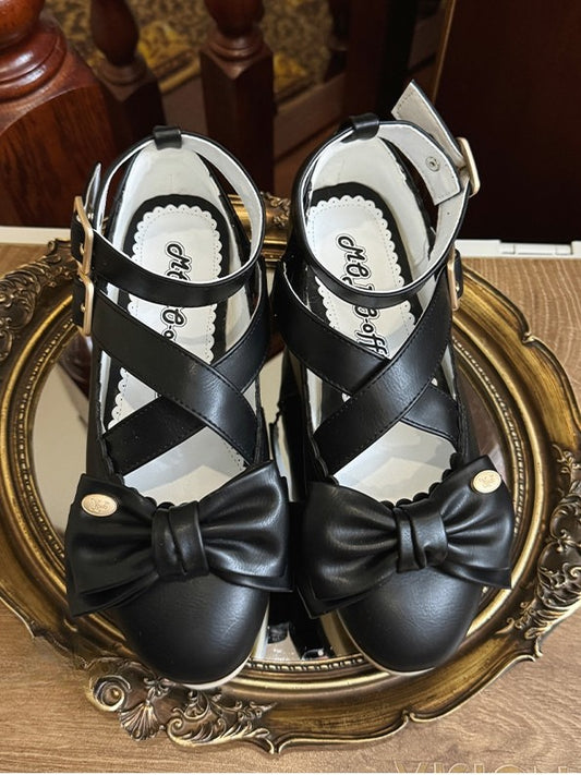 Sweet Black Lolita Mary Janes in PU - Wood Grain Sole with Crisscross Design & Bow Accents