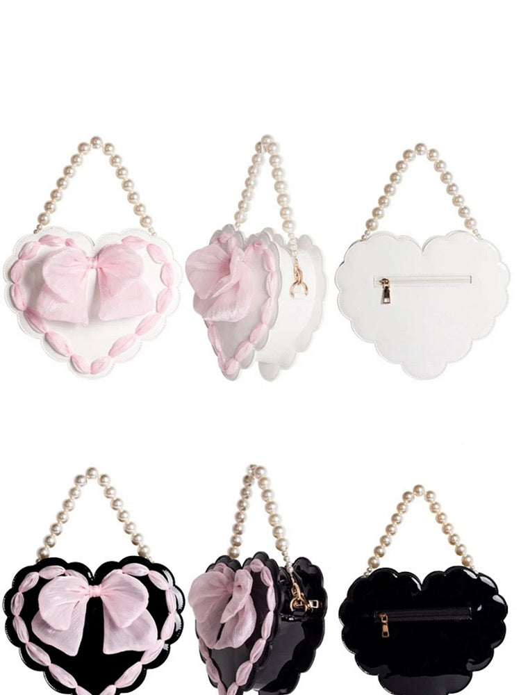 Lolita Heart-Shaped Pearl Handle Bag with Bow Detail & Adjustable Strap Two Colors Available