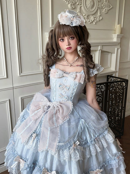 Pink Bow Accents Light Blue Natural Waist Hime Lolita Dress