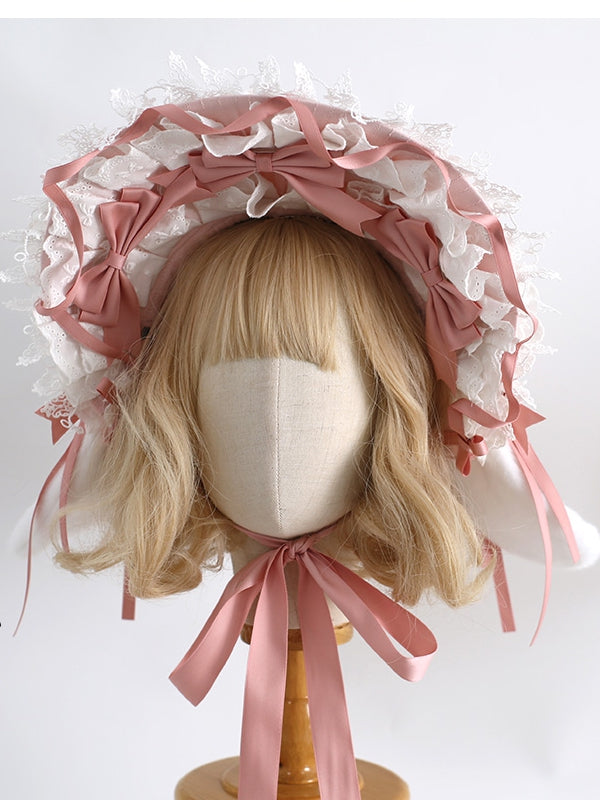 5 Color Options Bowknot Details Lace Trim Bunny Ear Bonnet