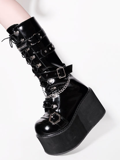 Studs Chains Metal Punk Polished Black Platform Boots