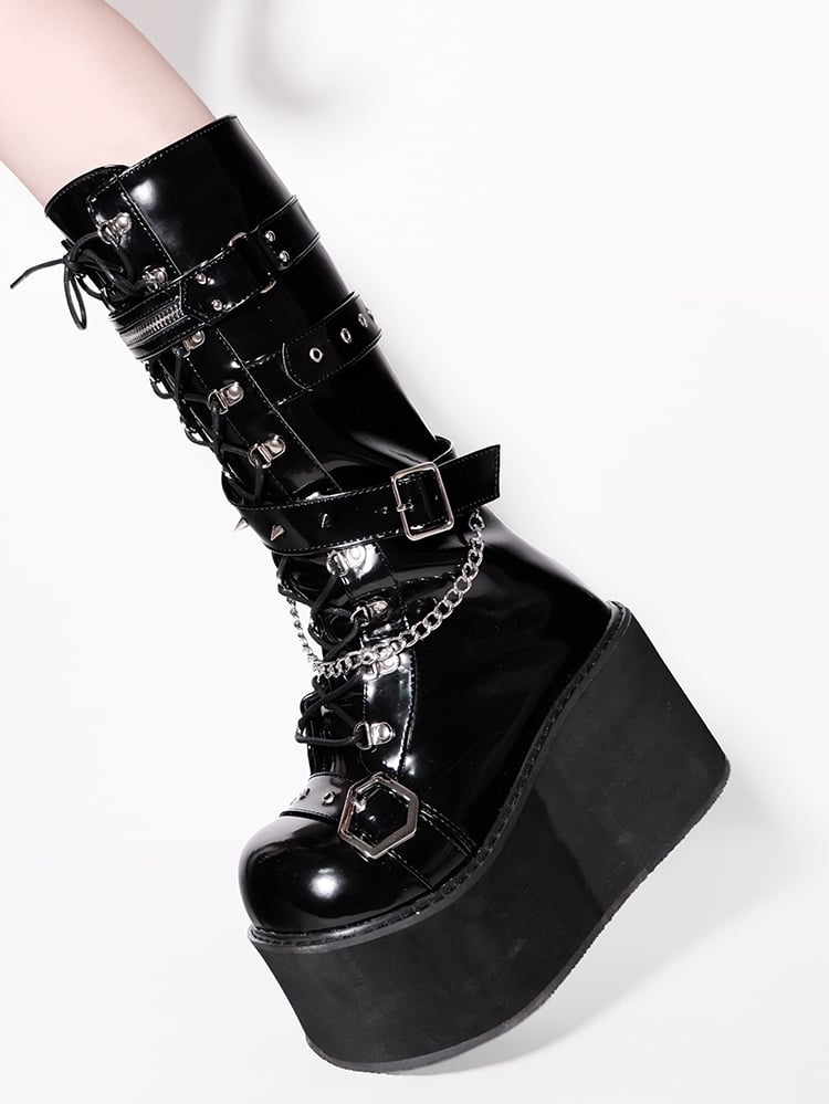 Studs Chains Metal Punk Polished Black Platform Boots