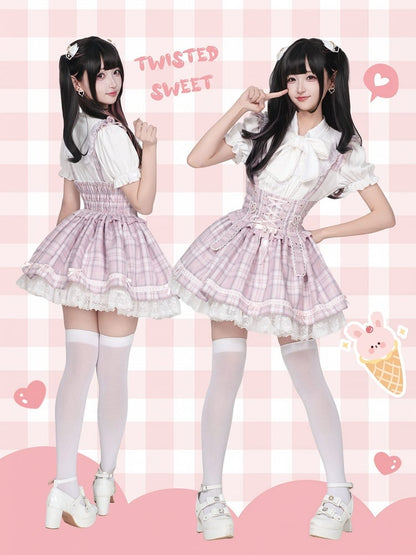 Pink Lace-up High Waist Jirai Kei Plaid Skirt with Detachable Flutter Straps