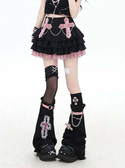 Chains Decorated Pink/Red Plaid Cross Appliques Lace Trim Tiered Skirt