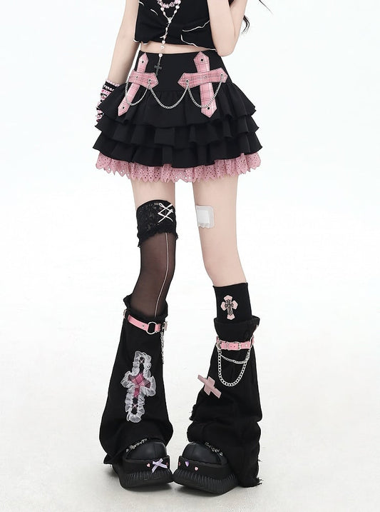 Chains Decorated Pink/Red Plaid Cross Appliques Lace Trim Tiered Skirt