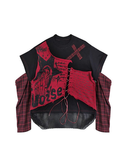 Letters Print Red and Black Punk Sweat Shirt Lace-up Detail