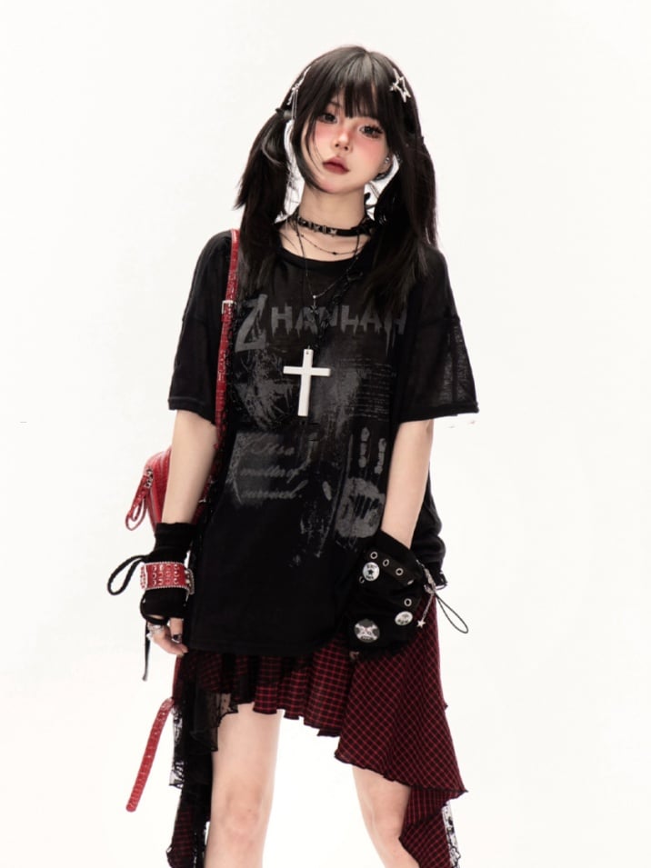 White/Black Round Neck Punk Print Semi-sheer Coverup