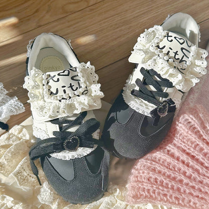 Bead Details Bow Accents Black and White Sneakers