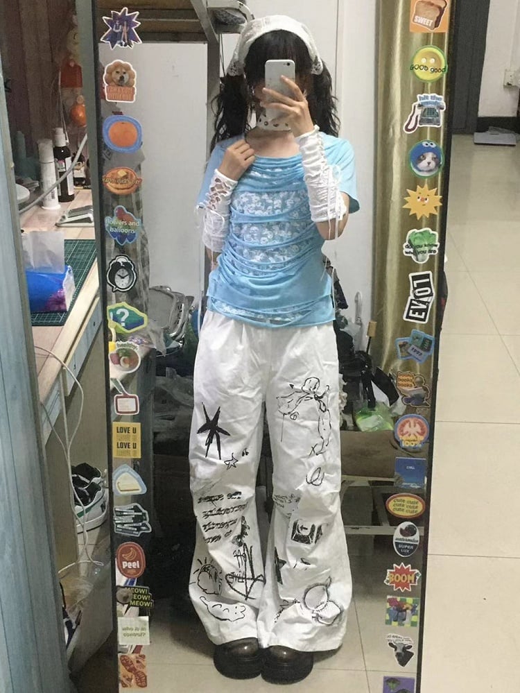 Light Blue Double-layer Skeleton Print Hollowed-out Punk T-shirt