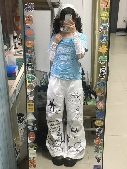 Light Blue Double-layer Skeleton Print Hollowed-out Punk T-shirt